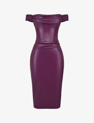 HOUSE OF CB: Raven corseted faux-leather midi dress