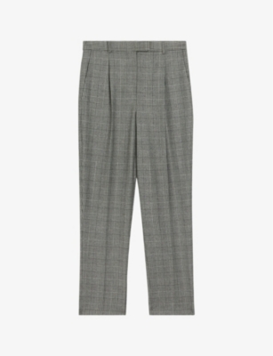 Shop Ted Baker Jommial Check-print Pleated Wool-blend Trousers In Black