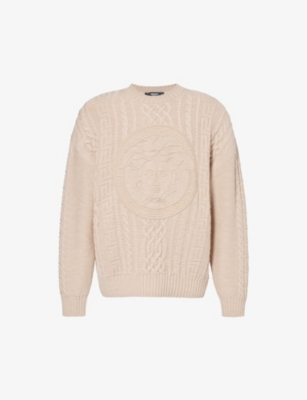 Shop Versace Men's Sand Medusa Brand-embroidered Wool Jumper