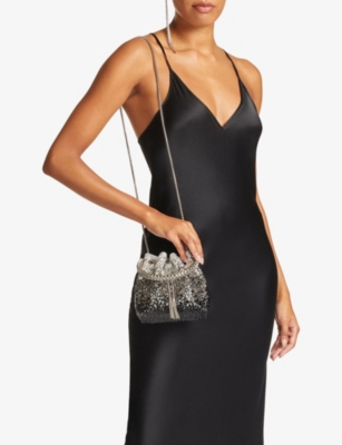 Shop Jimmy Choo Womens  Bon Bon Crystal-embellished Satin Top-handle Bag In Black/smoke/clear