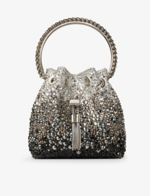 Shop Jimmy Choo Womens  Bon Bon Crystal-embellished Satin Top-handle Bag In Black/smoke/clear