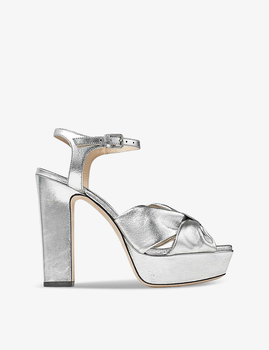 Shop Jimmy Choo Heloise 120 Bow-embellished Leather Platform-heeled Sandals In Silver