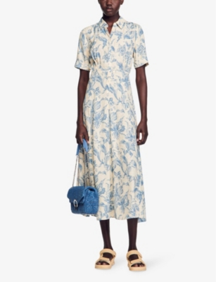 Shop Sandro Womens Bleus Josephina Floral-print Woven Midi Dress