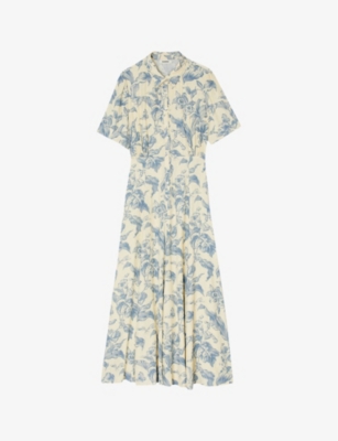 Shop Sandro Womens Bleus Josephina Floral-print Woven Midi Dress