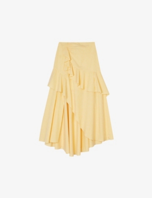 Shop Sandro Women's Jaunes / Oranges Stripe-pattern Cotton Midi Skirt