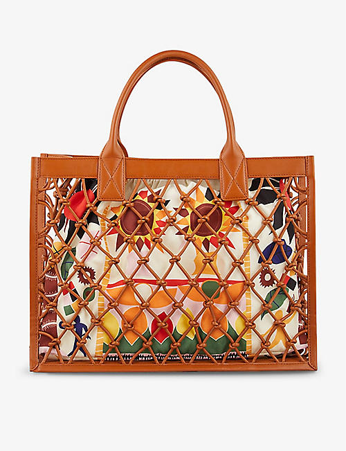 SANDRO: Kasbah graphic-motif cotton and leather tote