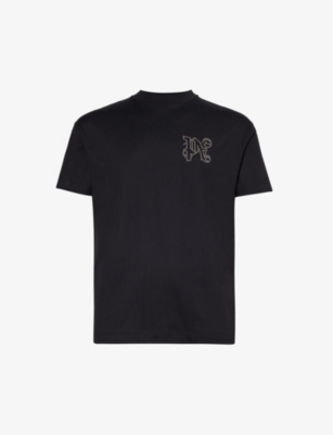Shop Palm Angels Men's Black Gunmetal Monogram Stud Cotton-jersey T-shirt