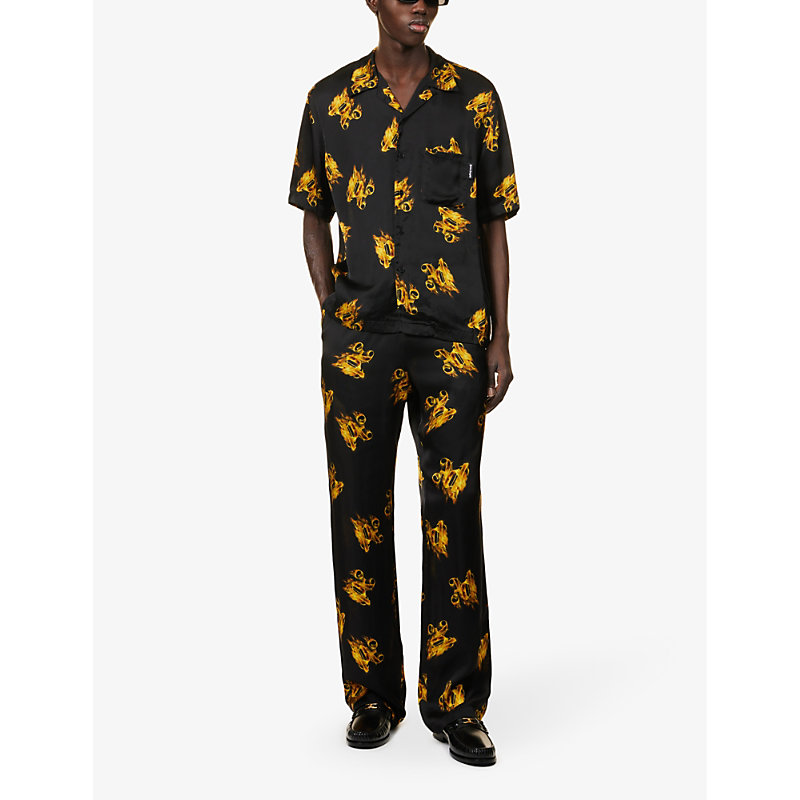 Shop Palm Angels Men's Black Gold Burning Brand-print Relaxed-fit Satin Trousers