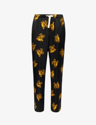 Shop Palm Angels Mens Black Gold Burning Brand-print Relaxed-fit Satin Trousers