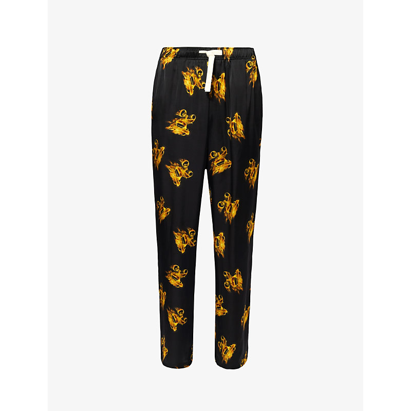 Shop Palm Angels Mens Black Gold Burning Brand-print Relaxed-fit Satin Trousers