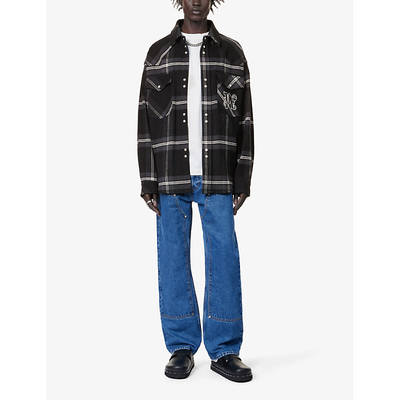 Shop Palm Angels Men's Anthracite Off Monogram-embroidered Checked Relaxed-fit Cotton Overshirt