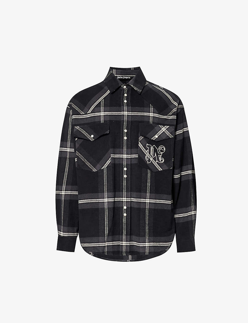 Shop Palm Angels Monogram-embroidered Checked Relaxed-fit Cotton Overshirt In Anthracite Off