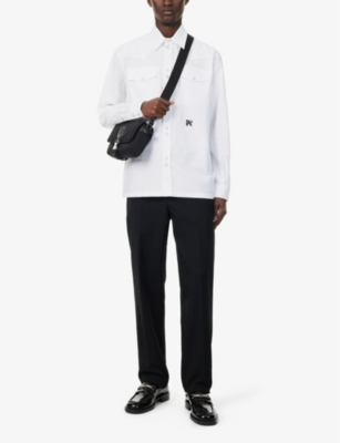 Shop Palm Angels Men's White Black Brand-embroidered Point-collar Cotton Shirt
