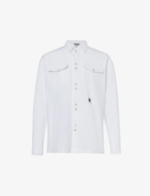 Palm Angels Mens White Black Brand-embroidered Point-collar Cotton Shirt