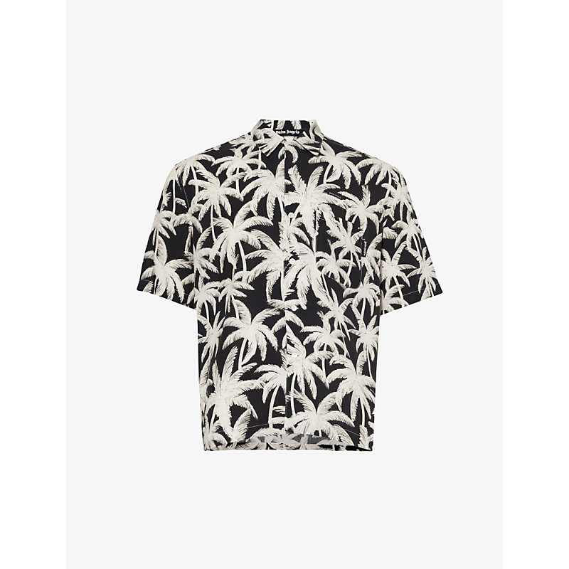 Shop Palm Angels Men's Black Off White Palms Allover Brand-print Relaxed-fit Woven Shirt