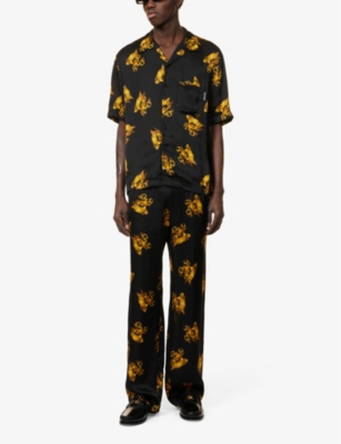 Shop Palm Angels Men's Black Gold Burning Brand-print Relaxed-fit Satin Shirt