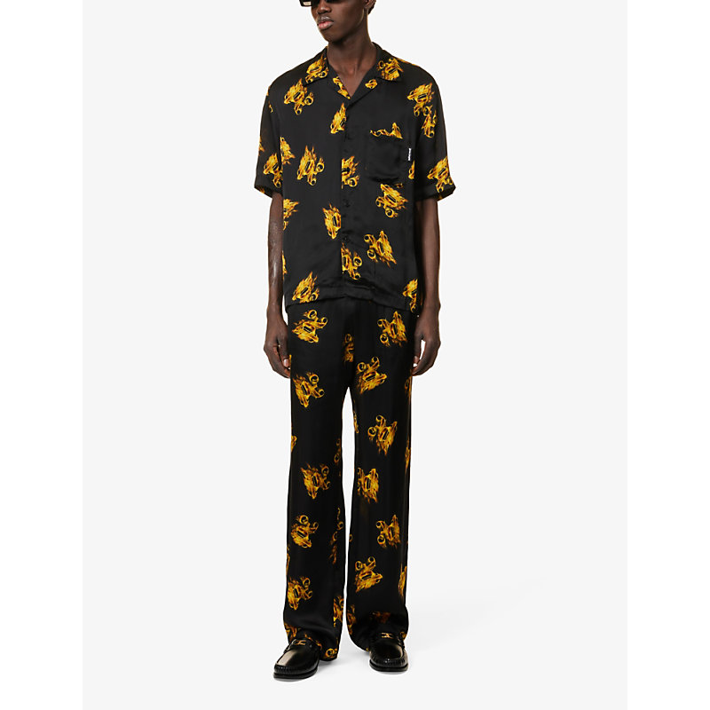 Shop Palm Angels Burning Brand-print Relaxed-fit Satin Shirt In Black Gold