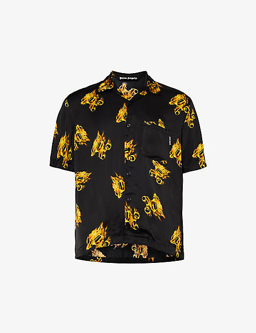 PALM ANGELS: Burning brand-print relaxed-fit satin shirt