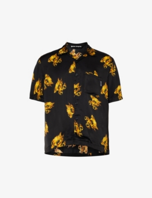 Shop Palm Angels Men's Black Gold Burning Brand-print Relaxed-fit Satin Shirt