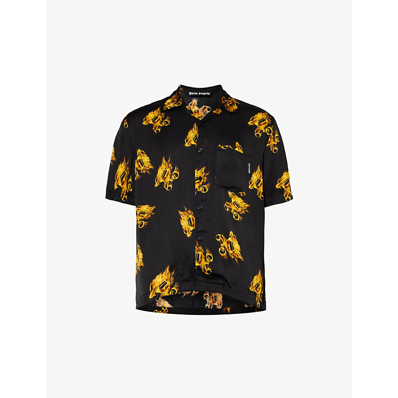 Shop Palm Angels Burning Brand-print Relaxed-fit Satin Shirt In Black Gold