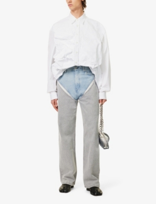 Shop Y/project Men's Ice Blue Grey Contrast-panel Straight-leg Organic-denim Jeans