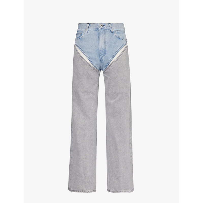 Y/project Contrast-panel Straight-leg Organic-denim Jeans In Ice Blue Grey