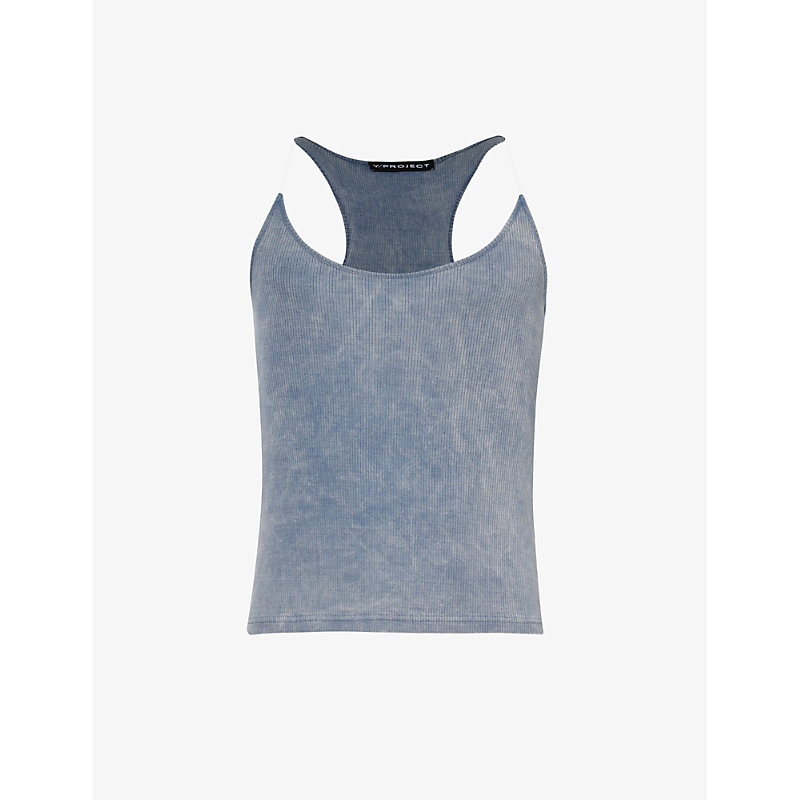 Shop Y/project Men's Blue Washed Cut-out Slim-fit Cotton-jersey Top