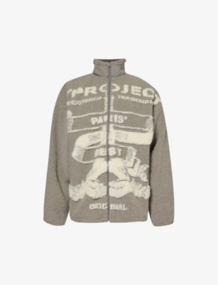 Shop Y/project Mens Grey/white Branded-print Funnel-neck Fleece Jacket