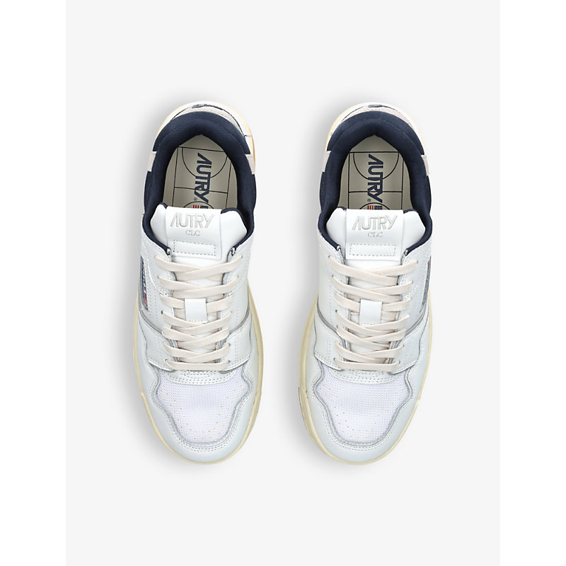 Shop Autry Men's White/navy Clc Brand-embroidered Leather Low-top Trainers