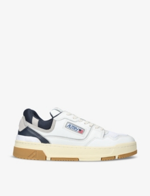 Shop Autry Men's White/navy Clc Brand-embroidered Leather Low-top Trainers