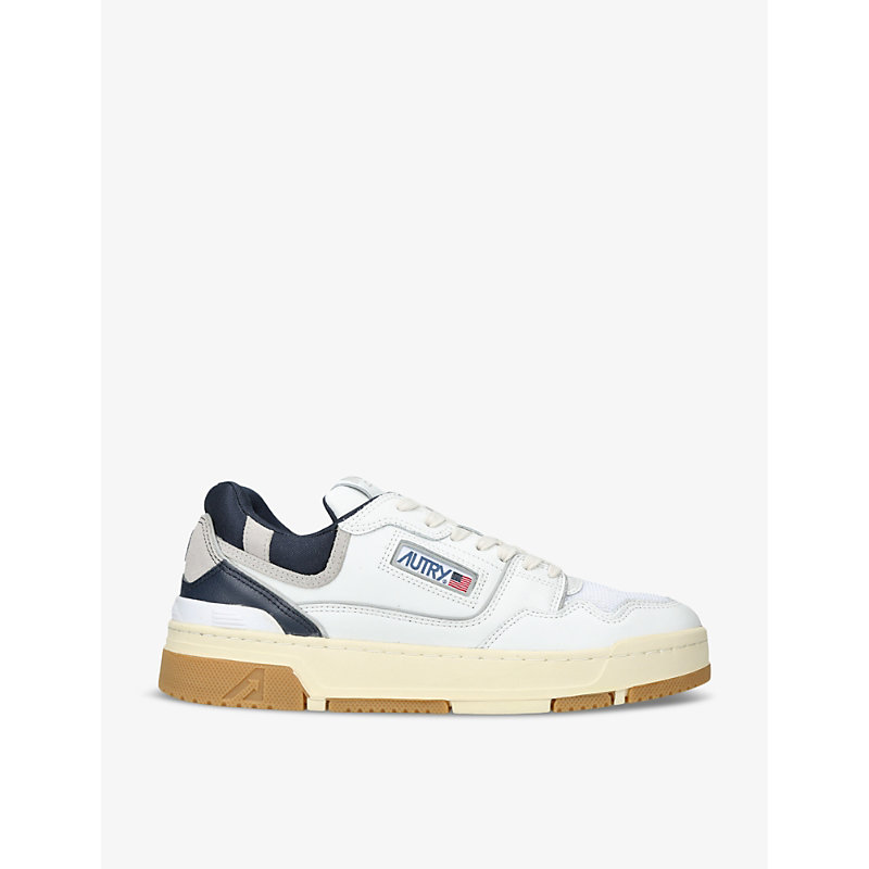 Shop Autry Clc Brand-embroidered Leather Low-top Trainers In White/navy
