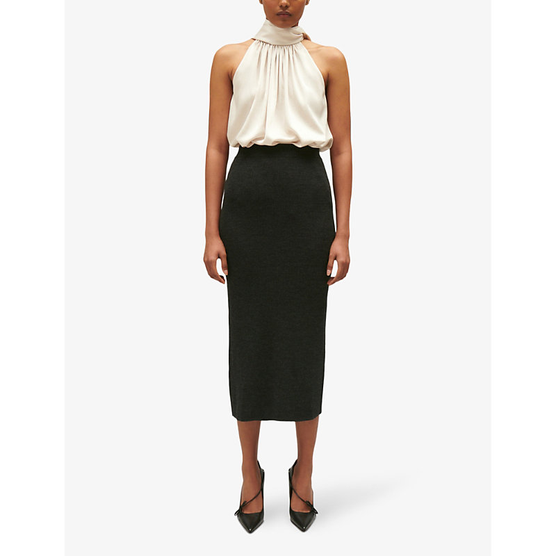 Shop Claudie Pierlot Women's Noir / Gris Magique Ribbed Wool-blend Midi Skirt