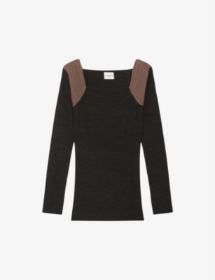 Claudie Pierlot Womens Noir / Gris Contrast Shoulder-yoke Wool-blend Knitted Top