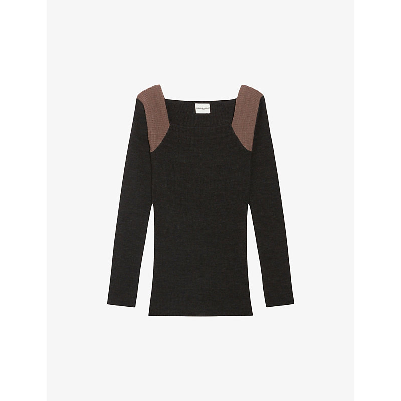 Claudie Pierlot Women's Noir / Gris Contrast Shoulder-yoke Wool-blend Knitted Top