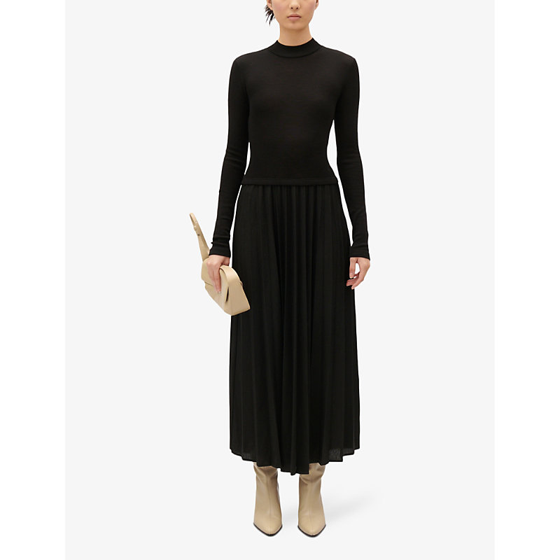 Shop Claudie Pierlot Women's Noir / Gris Pleated Wool And Knitted Midi Dress