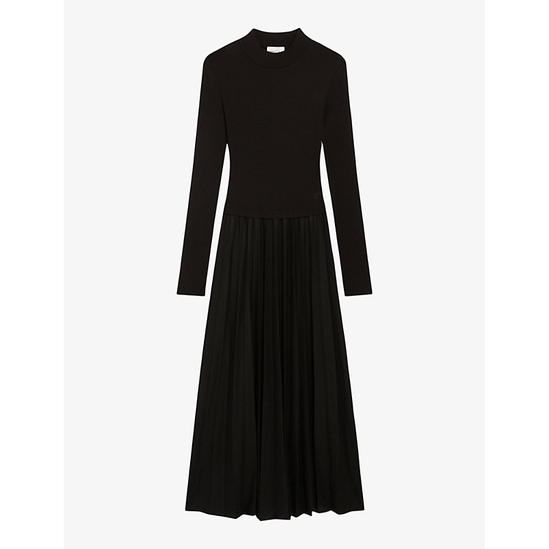 Claudie Pierlot Womens Noir / Gris Pleated Wool And Knitted Midi Dress