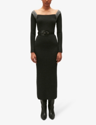 Shop Claudie Pierlot Women's Noir / Gris Square-neck Contrast-knit Wool-blend Midi Dress