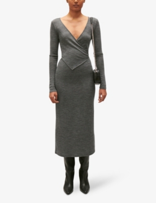 Shop Claudie Pierlot Women's Noir / Gris V-neck Long-sleeve Wrap Wool Midi Dress