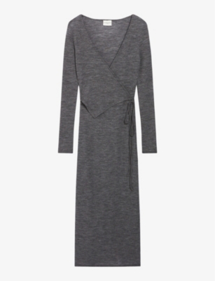 Claudie Pierlot Women's Noir / Gris V-neck Long-sleeve Wrap Wool Midi Dress