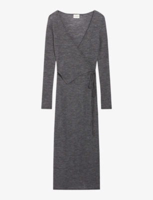 Claudie Pierlot Womens  V-neck Long-sleeve Wrap Wool Midi Dress In Noir / Gris