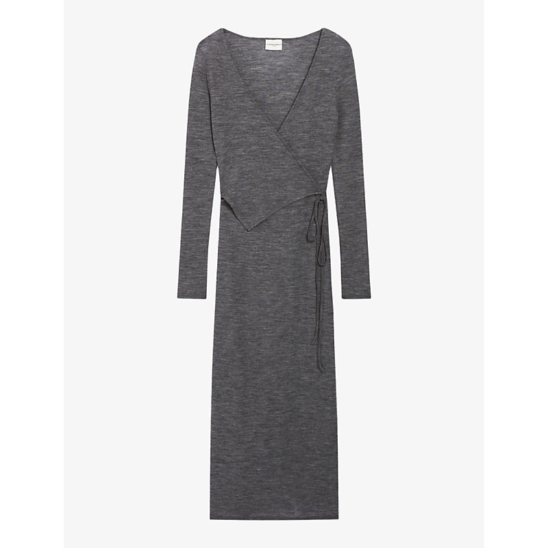 Claudie Pierlot Womens Noir / Gris V-neck Long-sleeve Wrap Wool Midi Dress