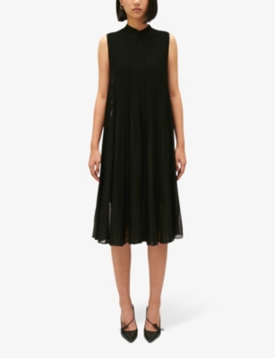 Shop Claudie Pierlot Women's Noir / Gris Maryli Pleated-skirt Woven Midi Dress