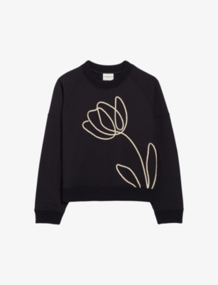 Shop Claudie Pierlot Womens Bleus Floral-embroidered Cotton Sweatshirt