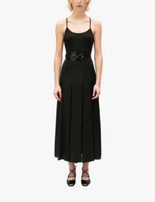 Shop Claudie Pierlot Women's Noir / Gris Pleated Cross-strap Woven Midi Dress
