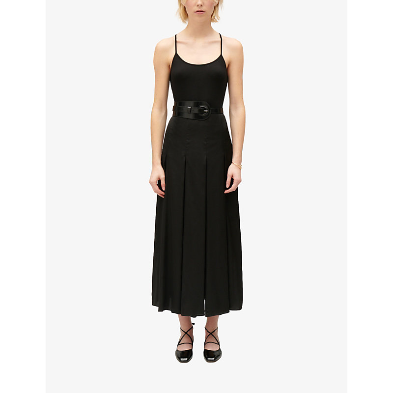 Shop Claudie Pierlot Women's Noir / Gris Pleated Cross-strap Woven Midi Dress