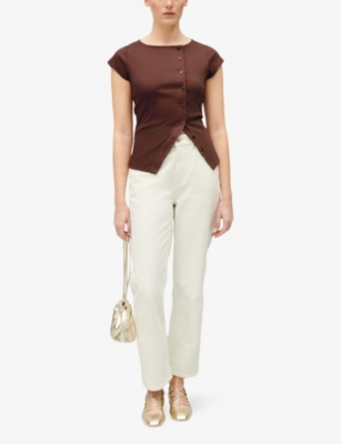 Shop Claudie Pierlot Women's Bruns Asymmetrical-hem Short-sleeved Stretch-woven Top