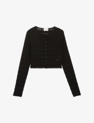 Shop Claudie Pierlot Women's Noir / Gris Pleated-hem Knitted Cotton-blend Cardigan