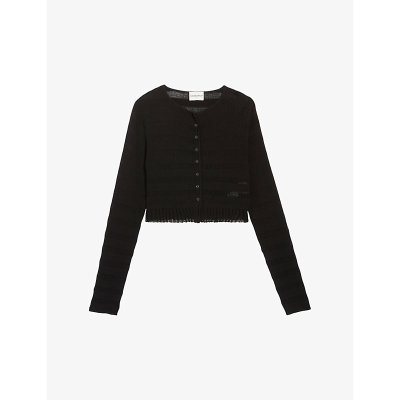 Shop Claudie Pierlot Women's Noir / Gris Pleated-hem Knitted Cotton-blend Cardigan
