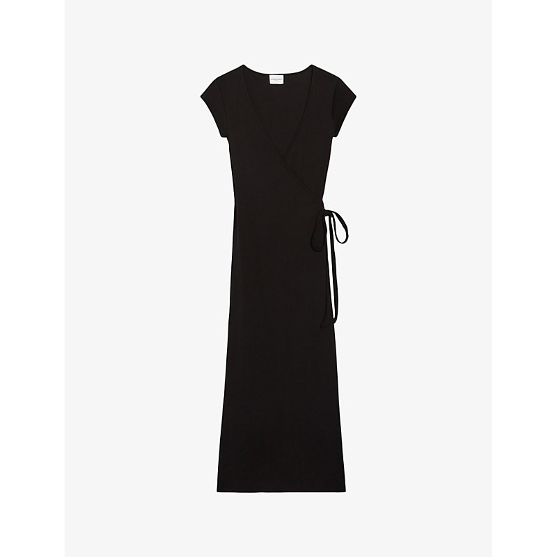 Shop Claudie Pierlot Women's Noir / Gris Trevolta Wrap-over Cotton Midi Dress