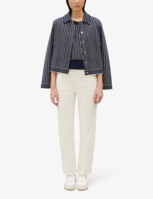 Shop Claudie Pierlot Women's Bleus Stripy Long-sleeve Knitted Cardigan